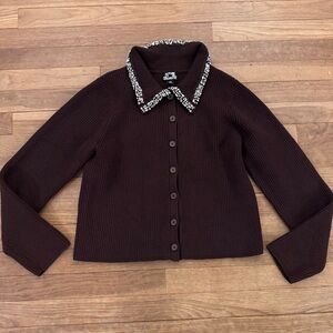 Future Collective women's brown rib-knit rhinestone button-down sweater sz S
 b2